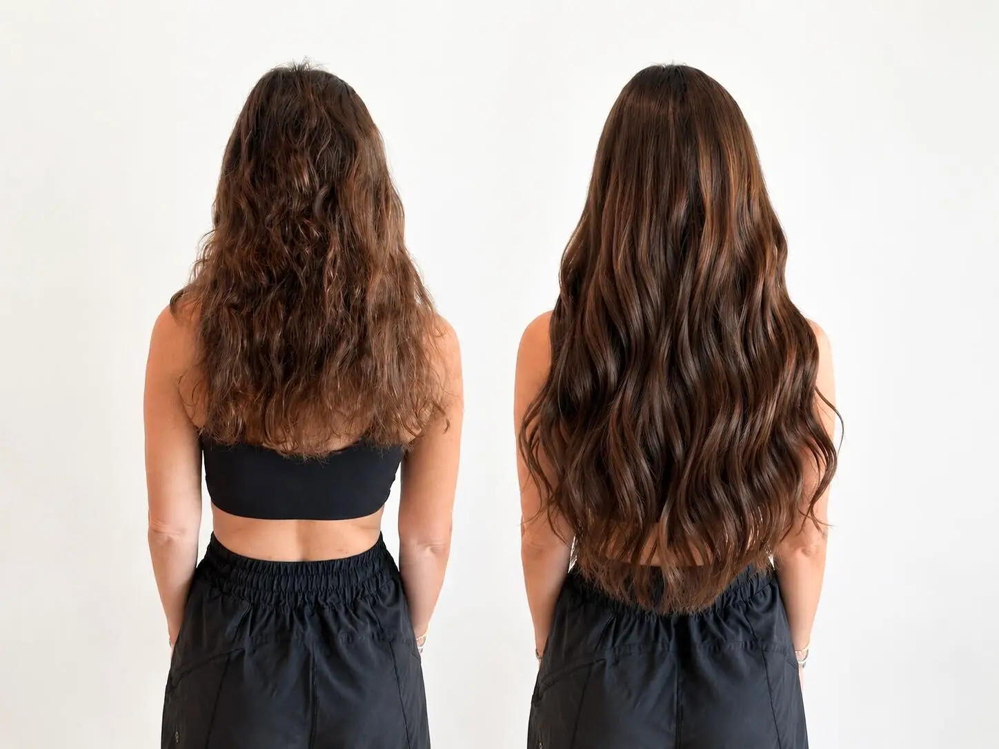 Before and after: frizzed brunette hair smoothed and lengthened